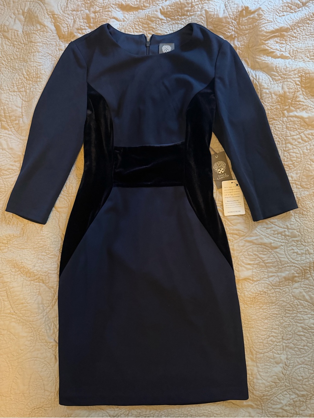 NWT Elegant Navy Velvet-Panel Sheath Dress